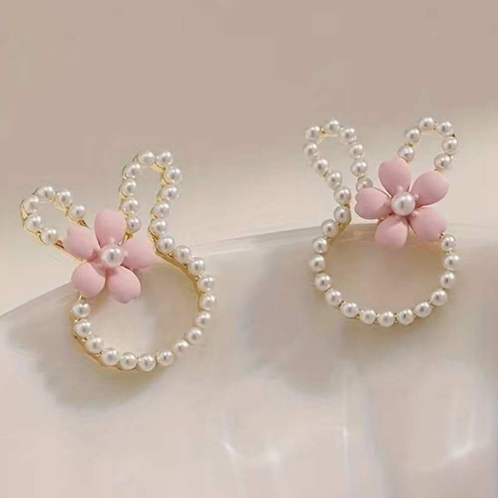 Charming Pink Imitation Pearl Flower Easter Bunny Shaped Earrings Z86